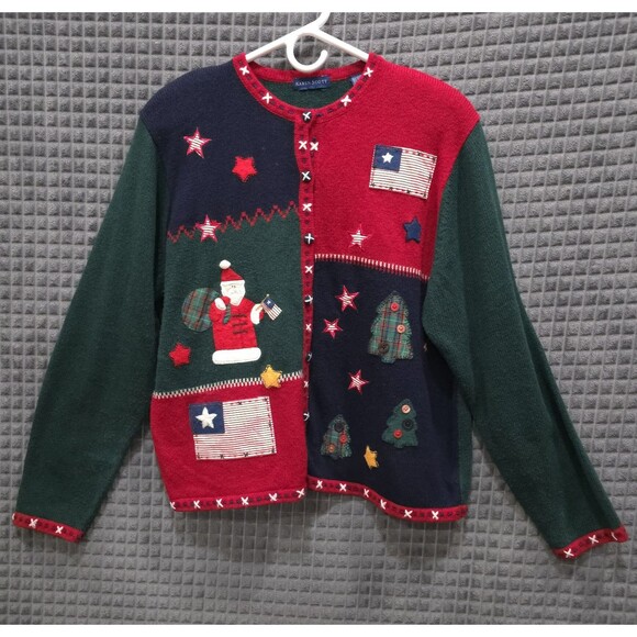 VTG Americana Christmas Sweater Cardigan XL Ugly Party USA 90s Wool Shoulder Pad - Picture 1 of 15